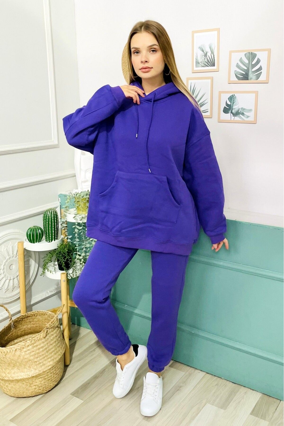 StilOBA PURPLE OVERSIZE SARDON SWEAT SUIT Trendyol