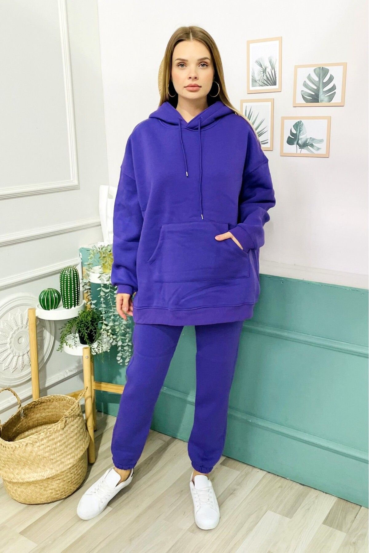 StilOBA PURPLE OVERSIZE SARDON SWEAT SUIT Trendyol