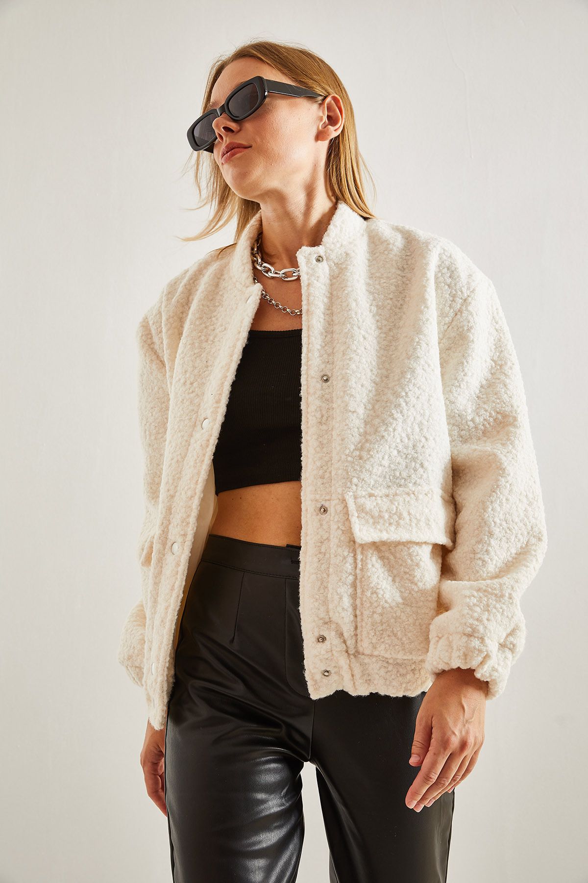 Bianco Lucci-Damen-Mantel aus Stoff mit zwei Taschen und Druckknöpfen 5