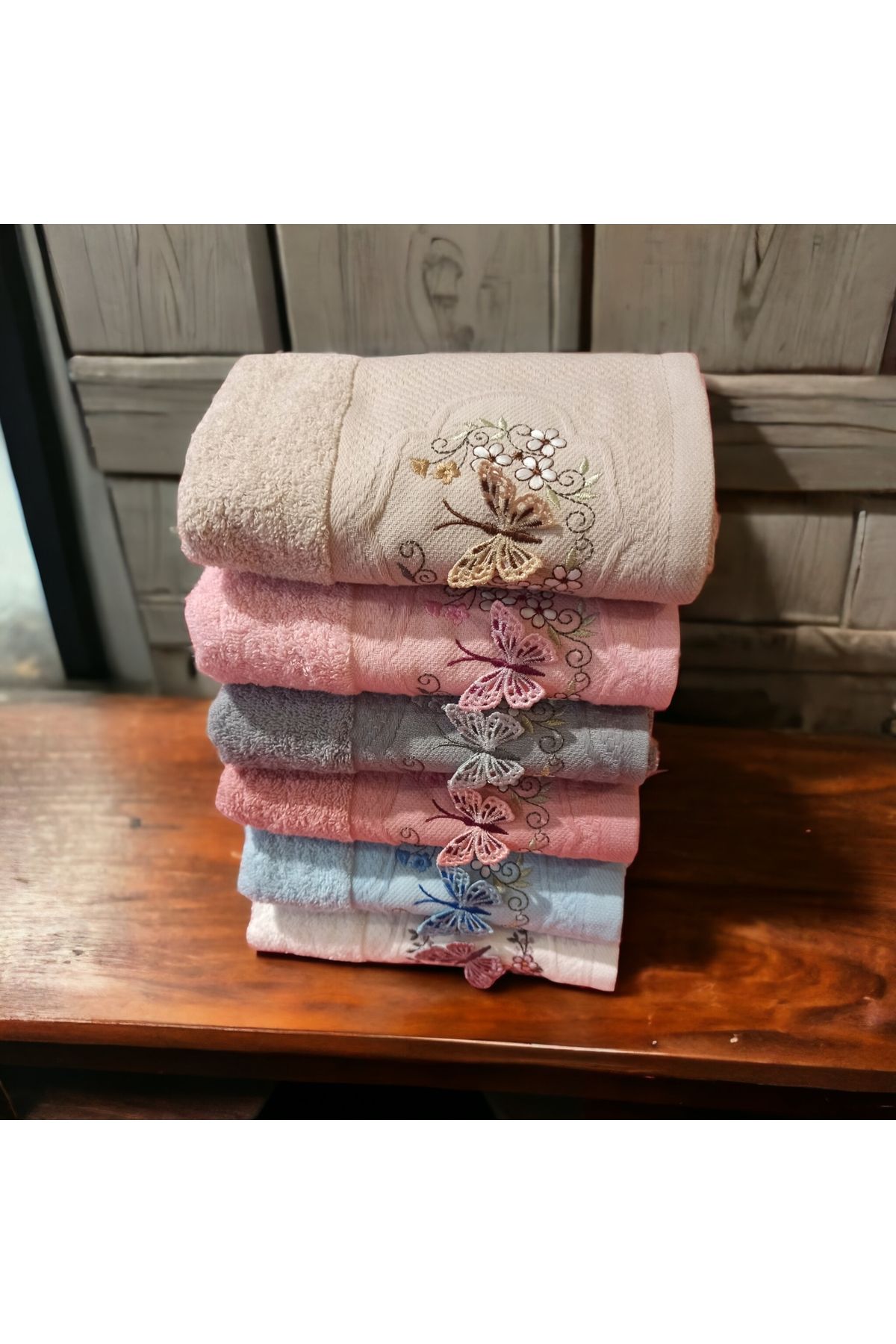 ŞENER HOME-Set de 6 prosoape de mână și față colorate, brodate 3D, cu bucle, fluture, 50X90cm 3