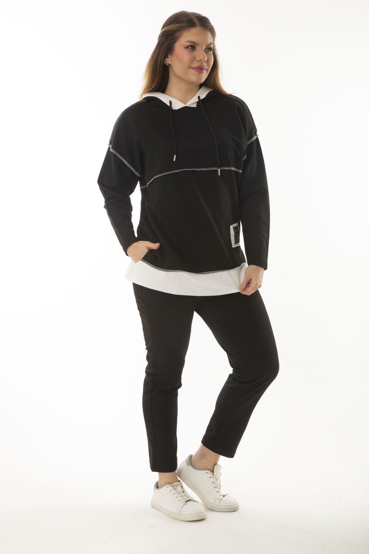 Plus size top double hooded sweatshirt
