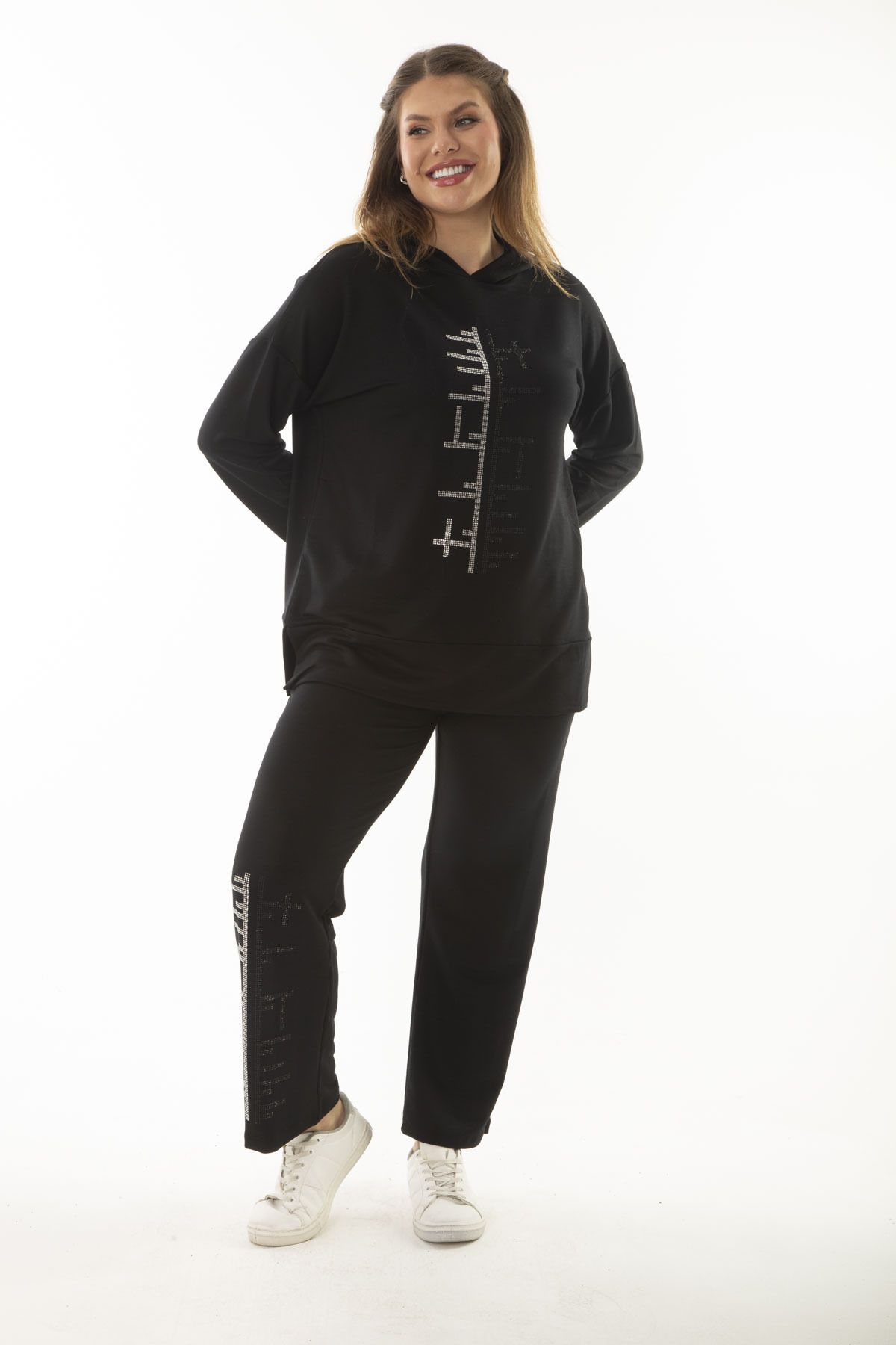 Şans-Women's Large Size Black Stone Detailed Hooded Sweatshirt Trousers Double Suit 65N37001 5
