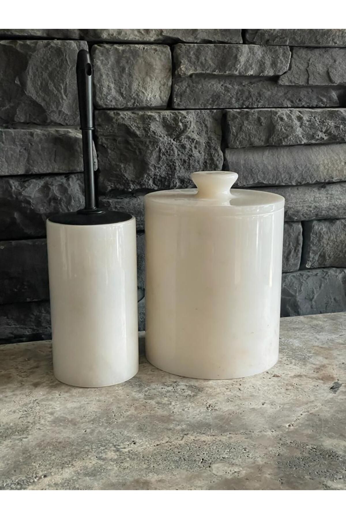 Polen Stone-White Marble Trash Can, Marble Handle and Brush Holder Set of 2 2
