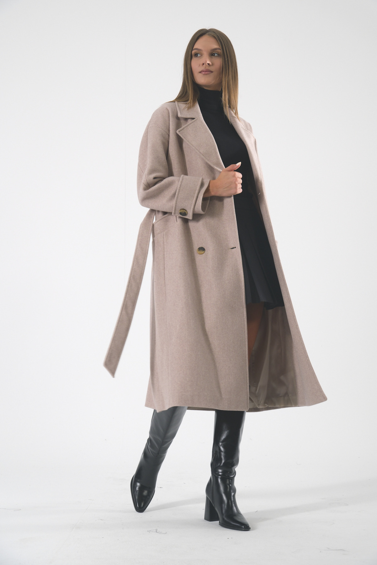 Women's Lined Sleeve Detailed Double Pocket Long 78% Wool Cashew Coat