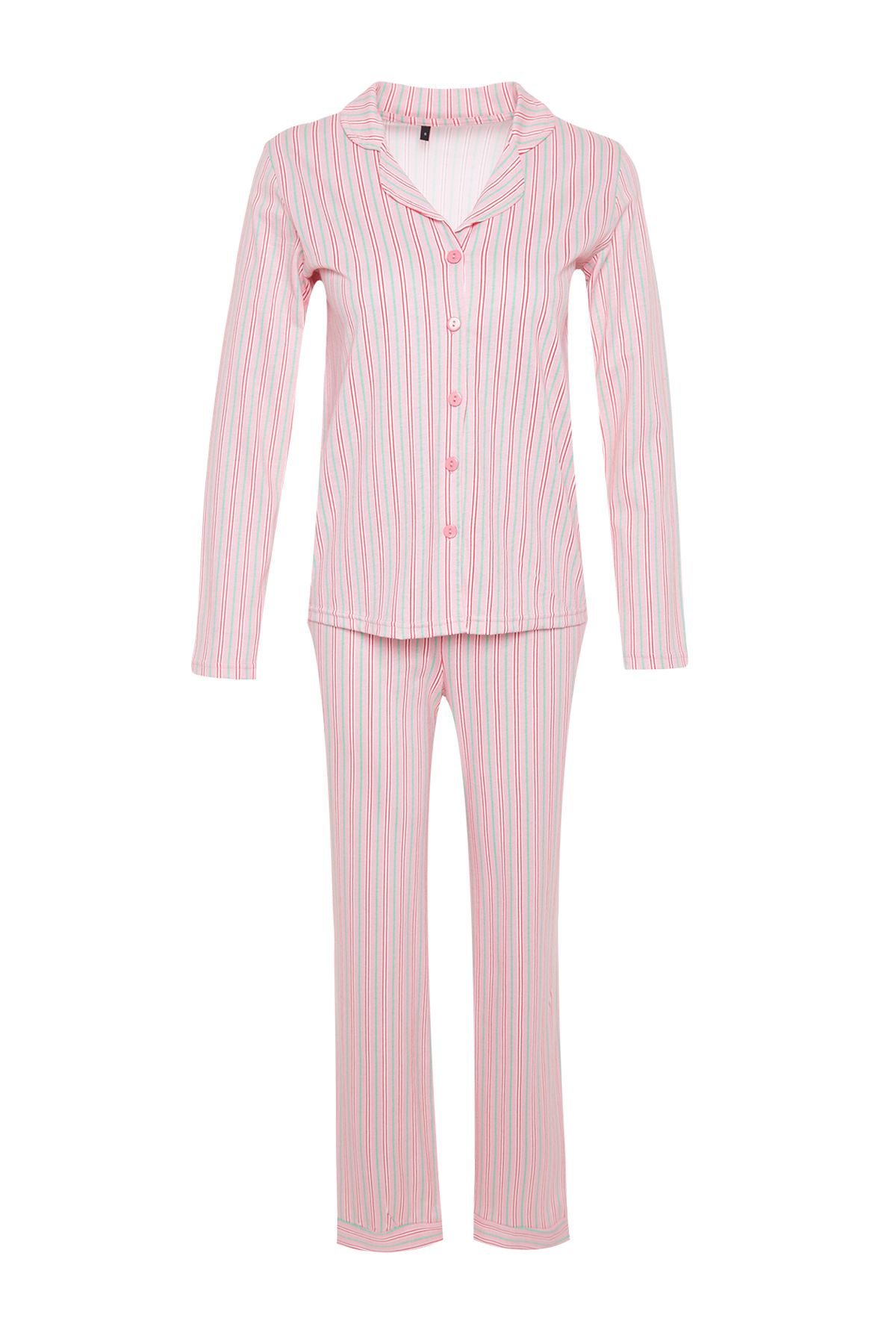 Trendyol Collection-Nachtwäsche-Set aus rosa gestreiftem Hemd und Hose, 100 % Baumwolle – THMAW24PT00144 7