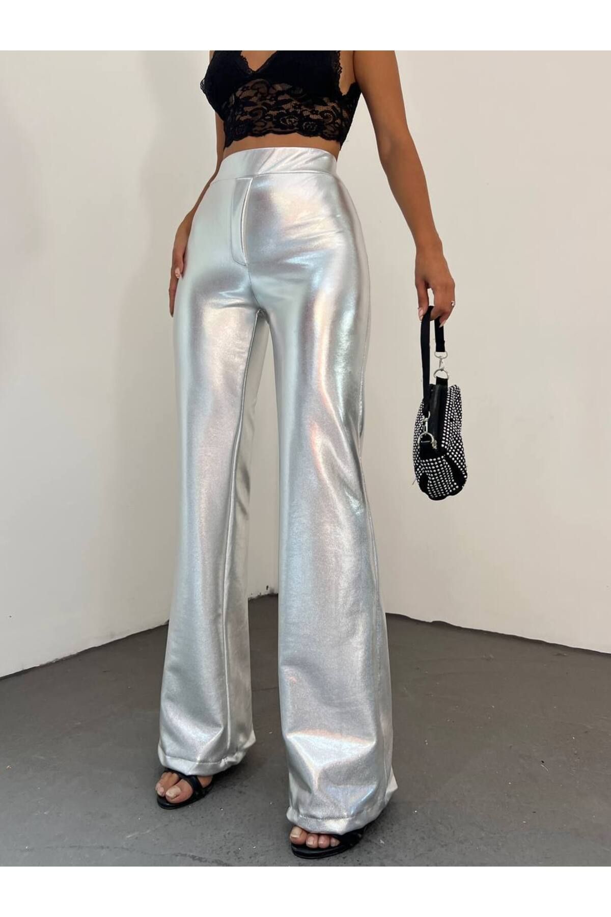 Silver metallic top wide leg pants