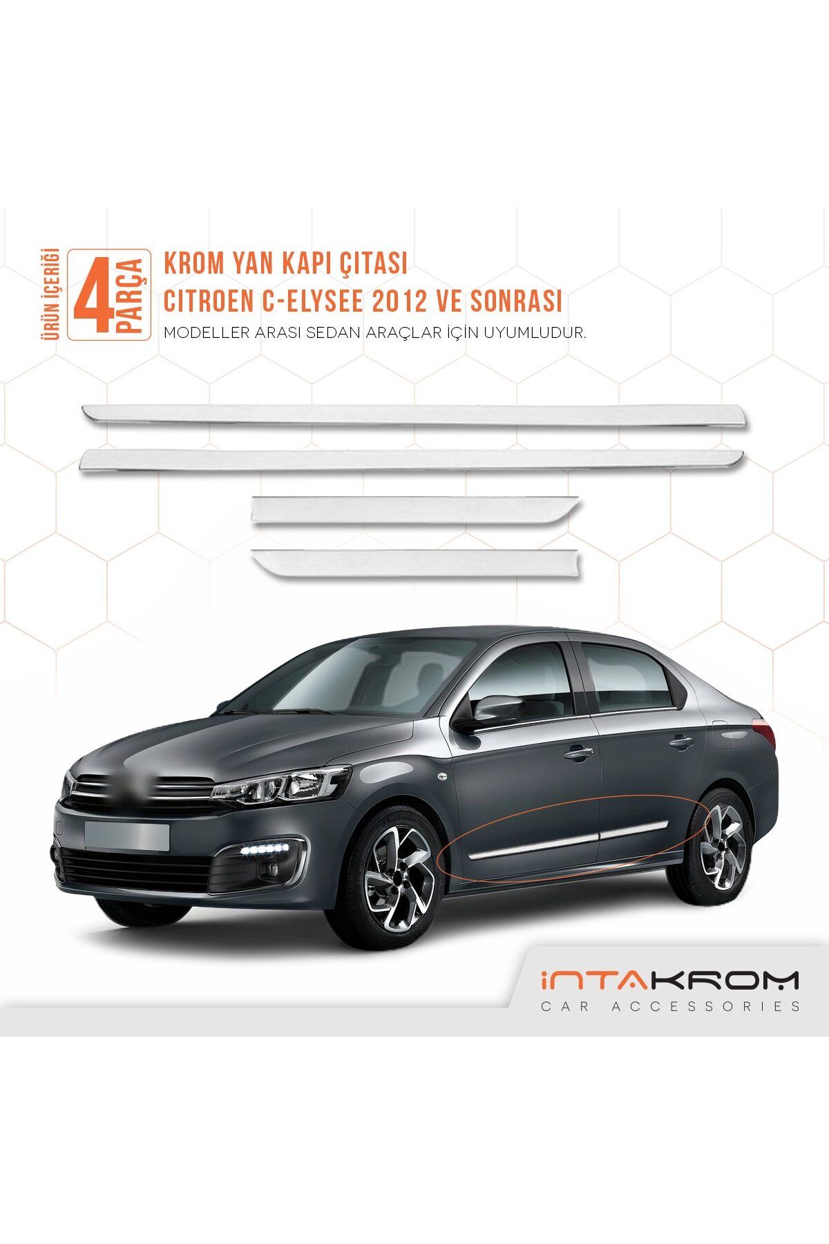 İntachrom Citroen C - Elysee Krom Yan Kapı Çıtası 4 Parça 2012 Ve Üzeri P. Çelik