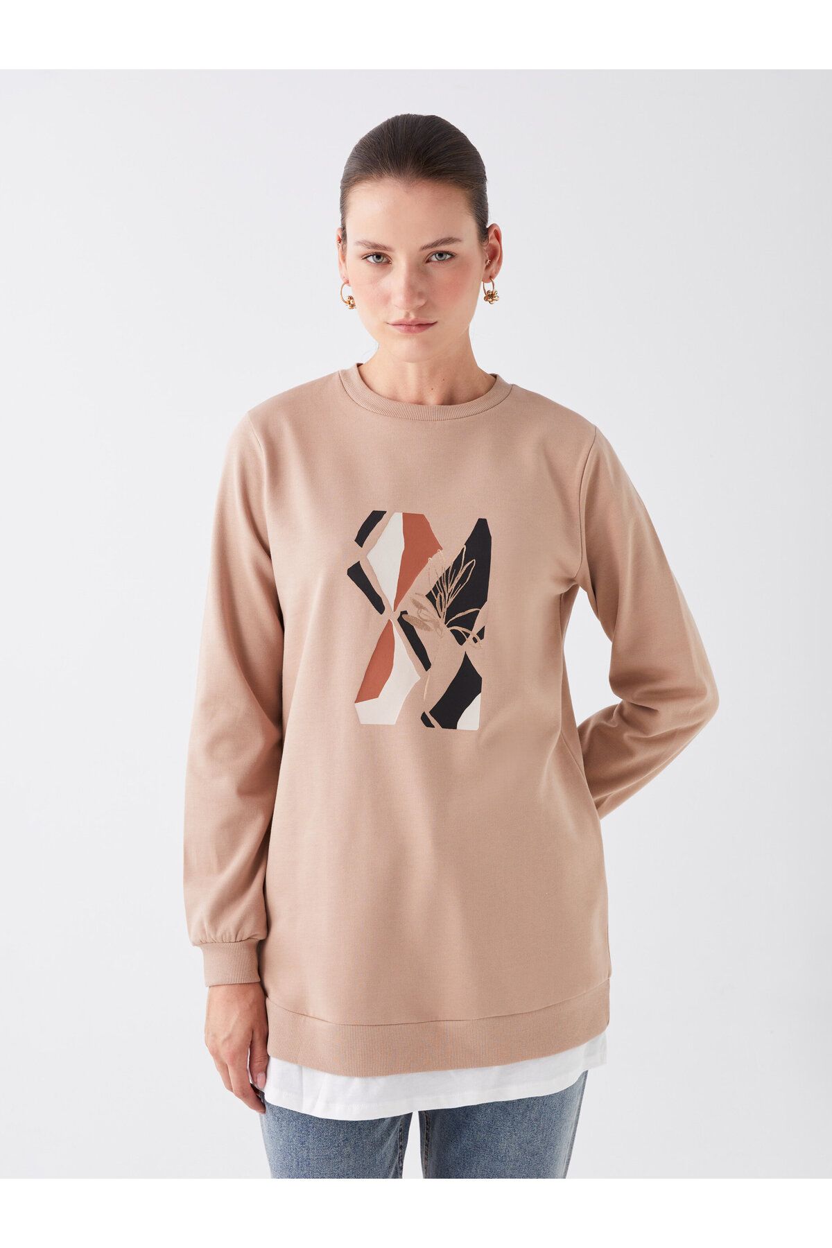Crew Neck Printed Long Sleeve Oversize Women's Sweatshirt Tunic
