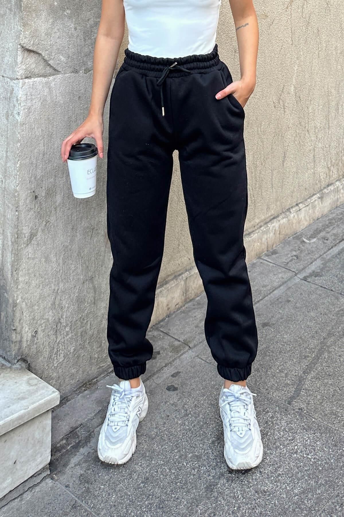 Swist-Schwarze Damen-Jogginghose mit hohem Bund und elastischem Bund innen 5