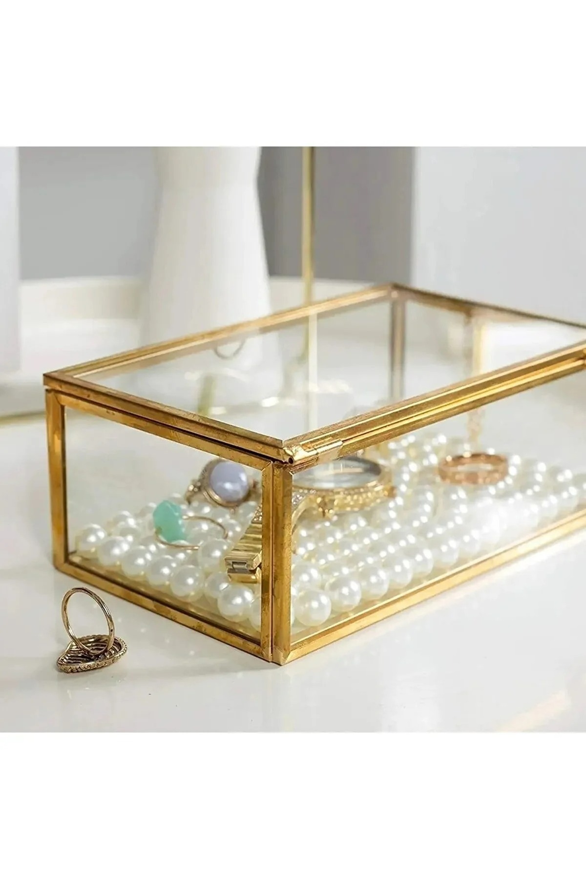 Cam Sunumluk Kapaklı Sandık Çikolata Şeker Ve Takı Kutusu 25x14 Cm - Metal Çerçeveli 6