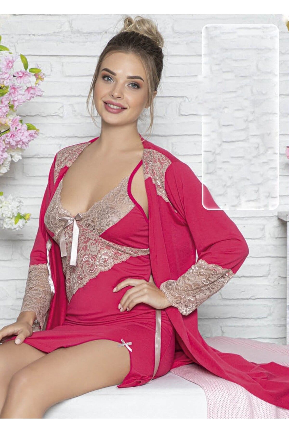 JENİKA-Pink Lace Detail Comfortable Stylish 2-Piece Nightgown Set with Dressing Gowns 2