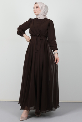 Giza Giyim Önü Çapraz Şifon Elbise Acı Kahve
