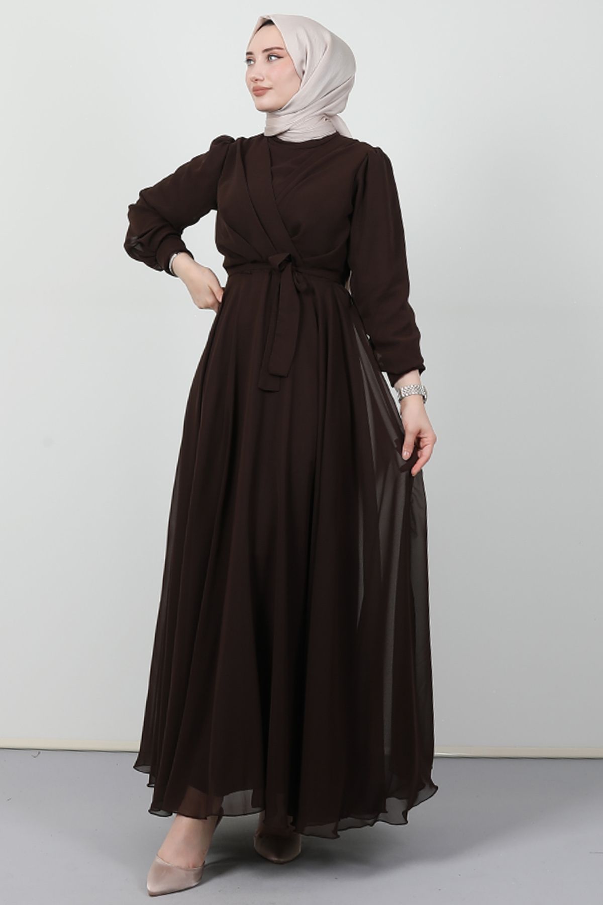 Giza Giyim-Rochie din șifon în față încrucișată Bitter Brown 1
