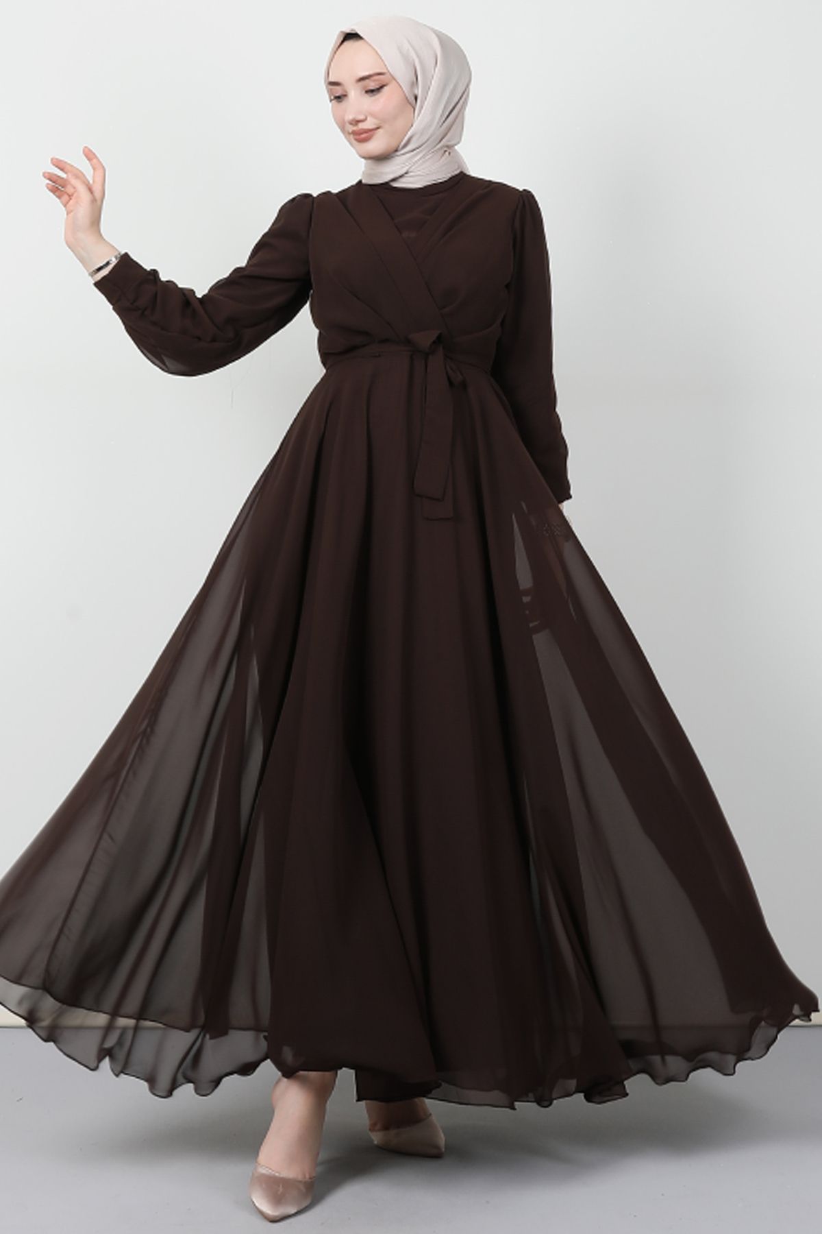 Giza Giyim-Rochie din șifon în față încrucișată Bitter Brown 2