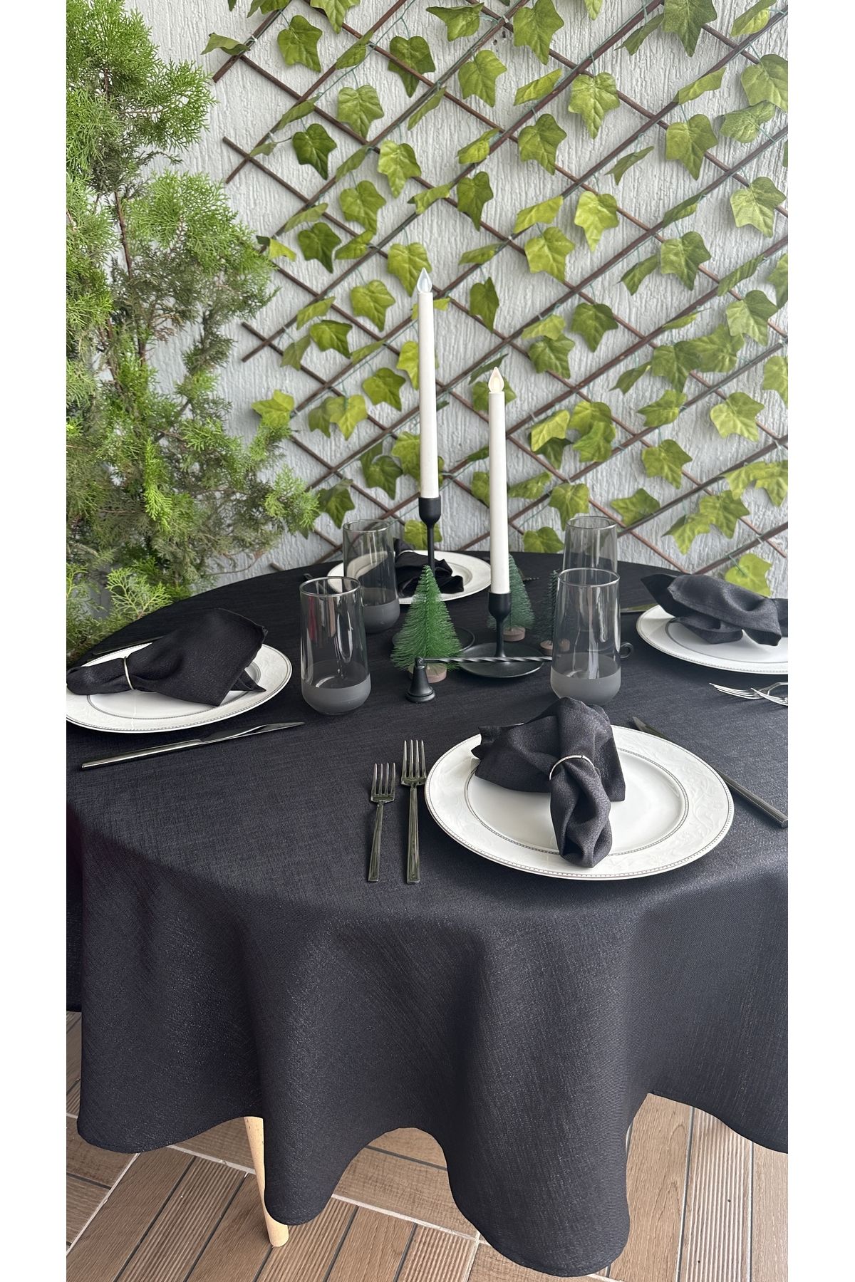 Decamor home-Linen Textured Glitter Black Linen Textured Round Table Cloth 7