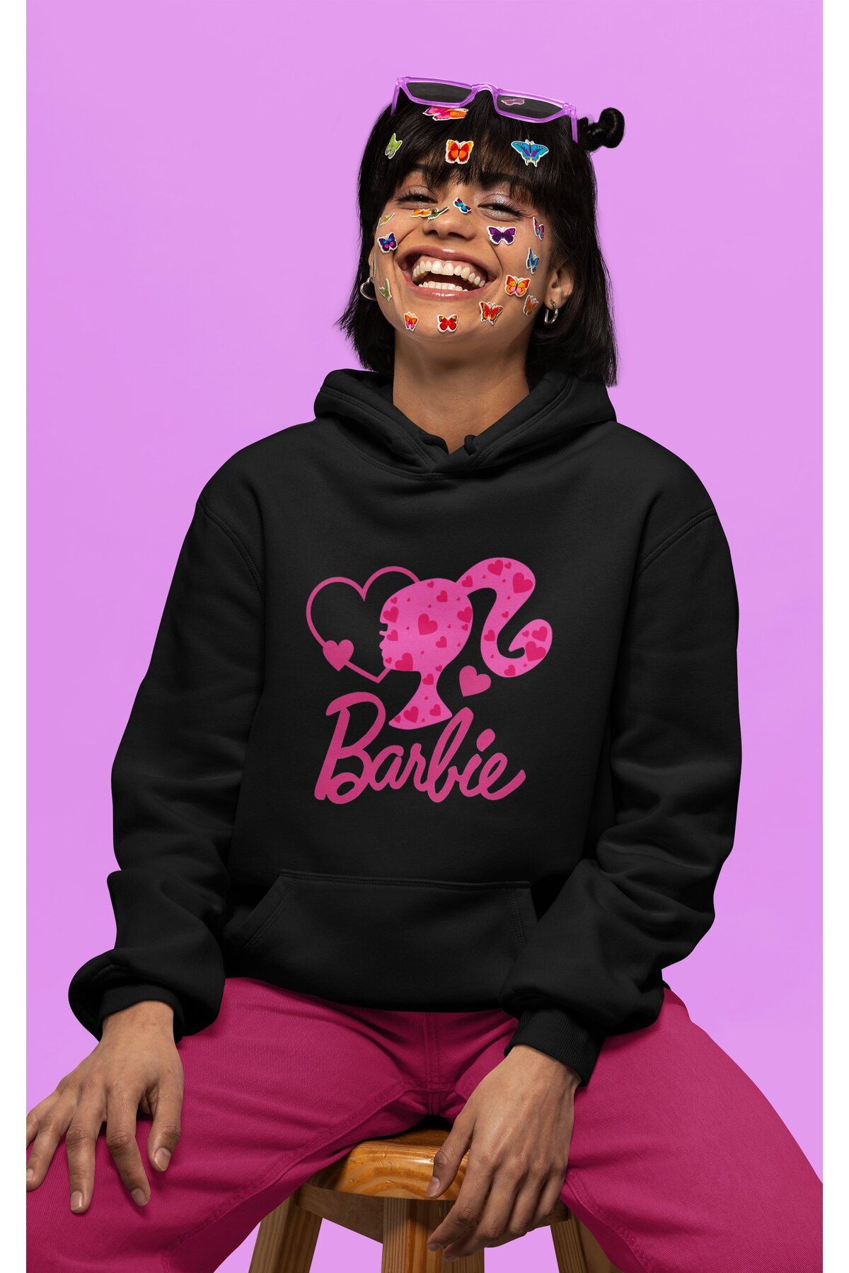 Fuddy Moda Oversize Heart Barbie Written Hooded Sweatshirt