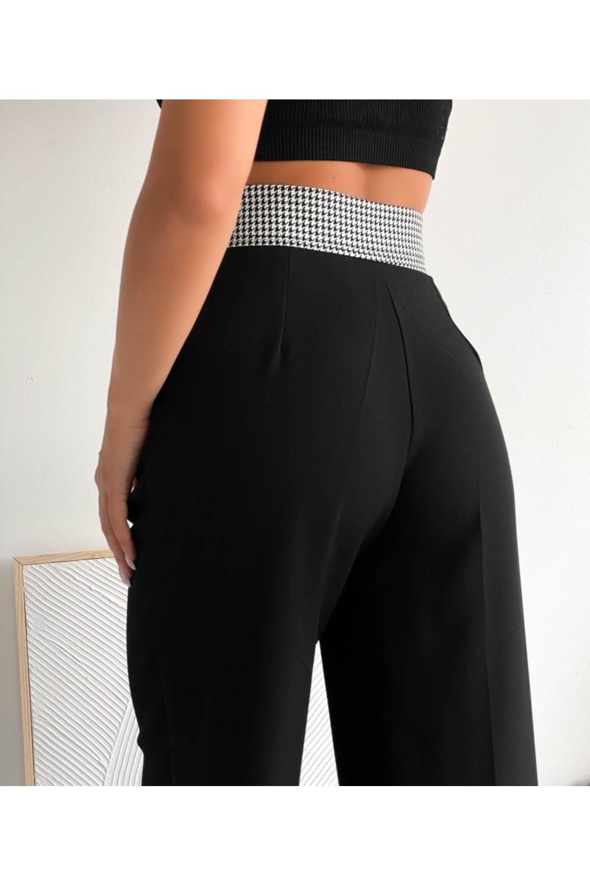 NARKISS-Black Palazzo Trousers - Atlas Fabric, Houndstooth Patterned Waist Design 3