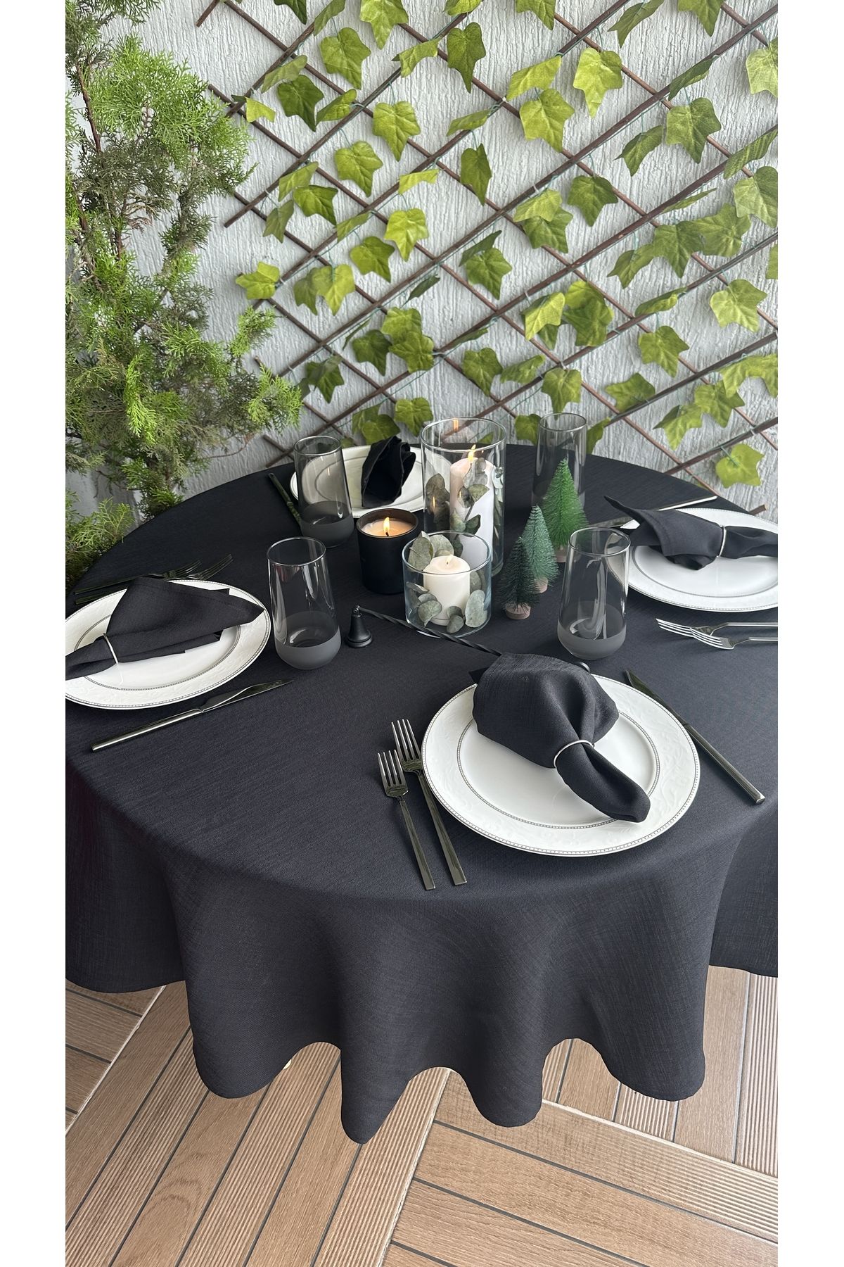Decamor home-Λινό Μαύρο Στρογγυλό Τραπεζομάντηλο με υφή 5