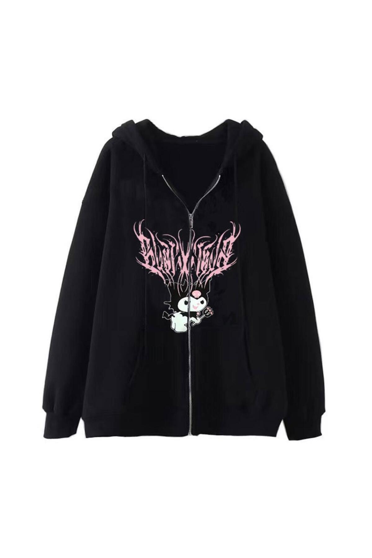 DEEFWEAR Kuromi Pink Baskılı Oversize Fermuarlı Siyah Unisex