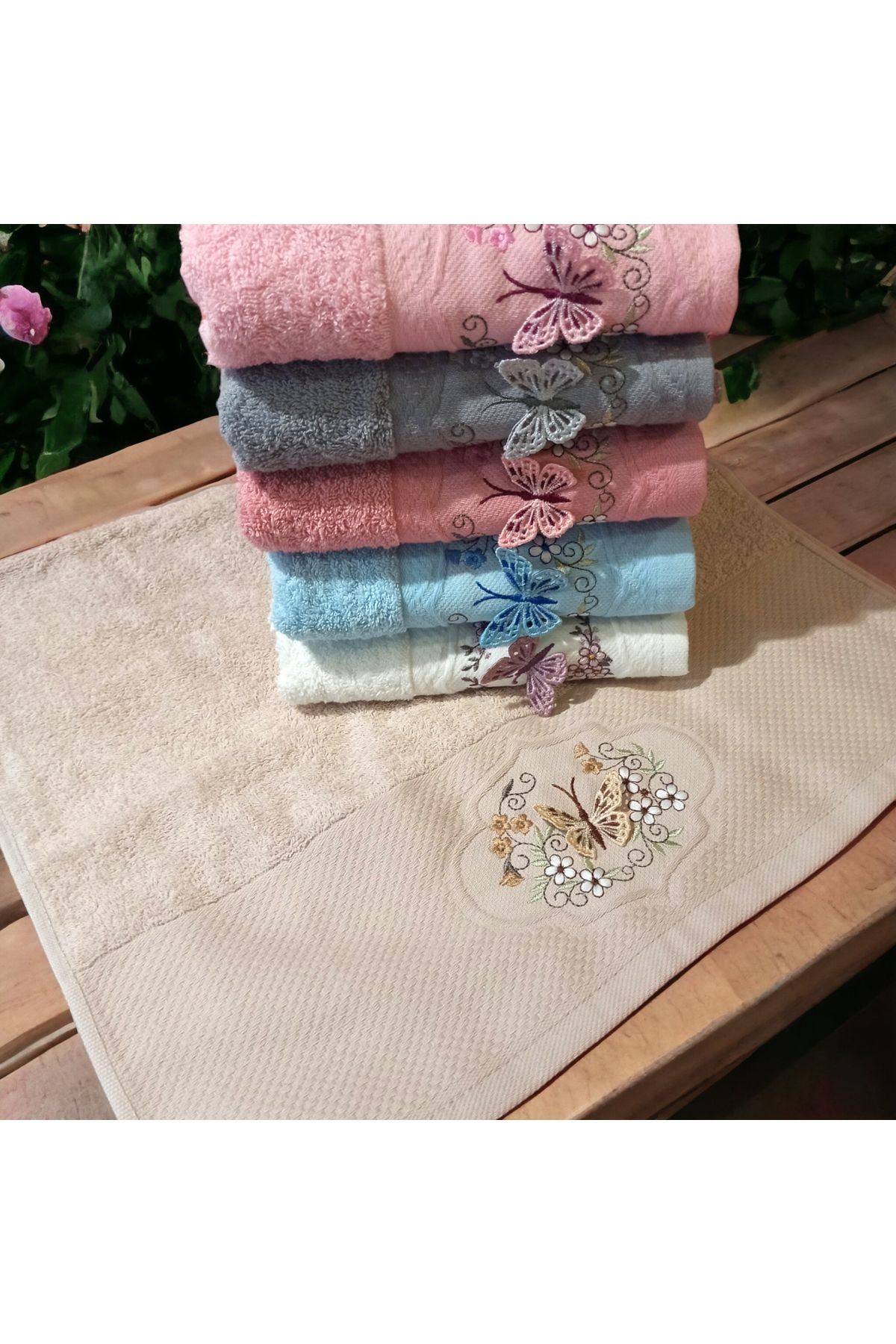 ŞENER HOME-Set de 6 prosoape de mână și față colorate, brodate 3D, cu bucle, fluture, 50X90cm 4
