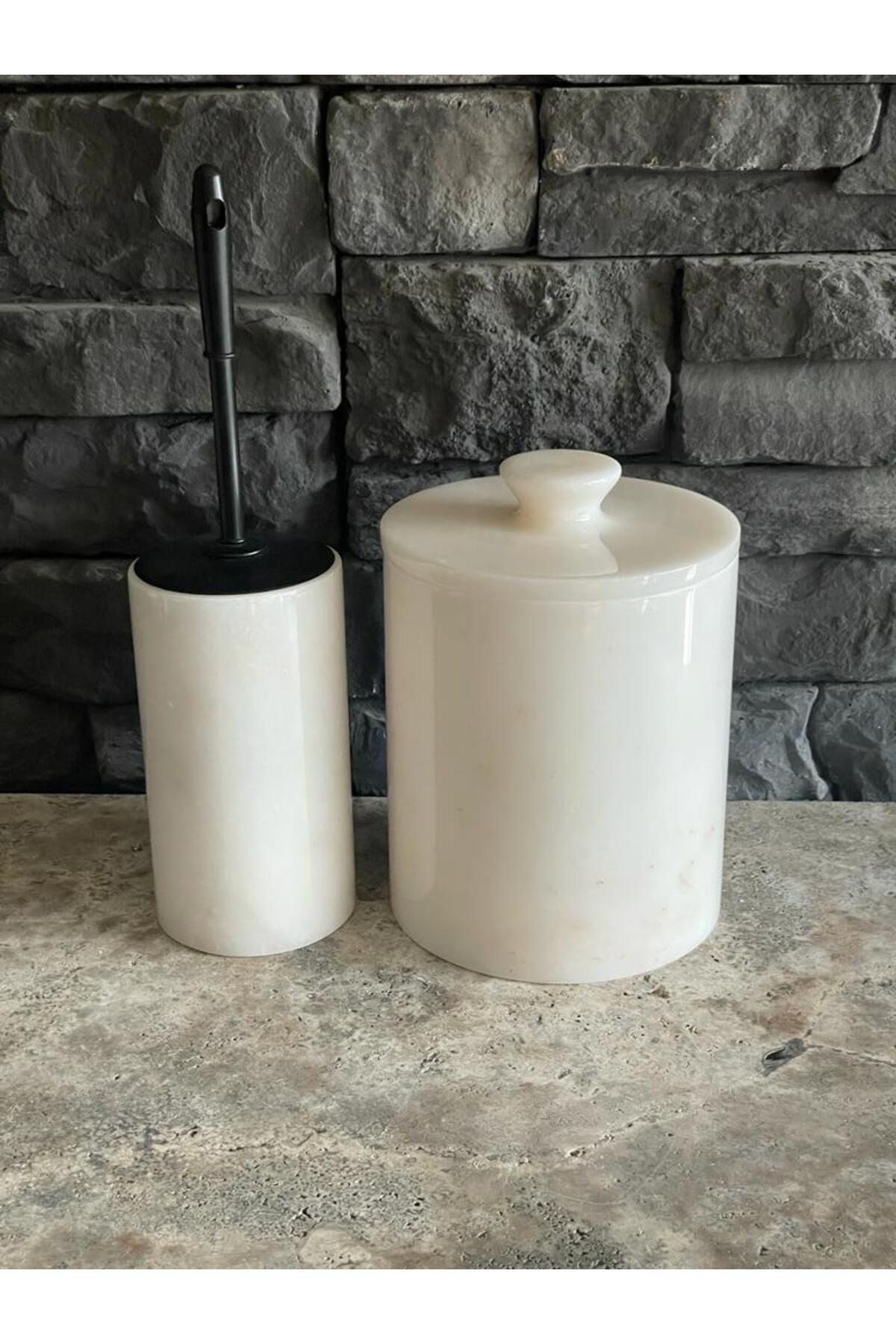 Polen Stone-White Marble Trash Can, Marble Handle and Brush Holder Set of 2 1