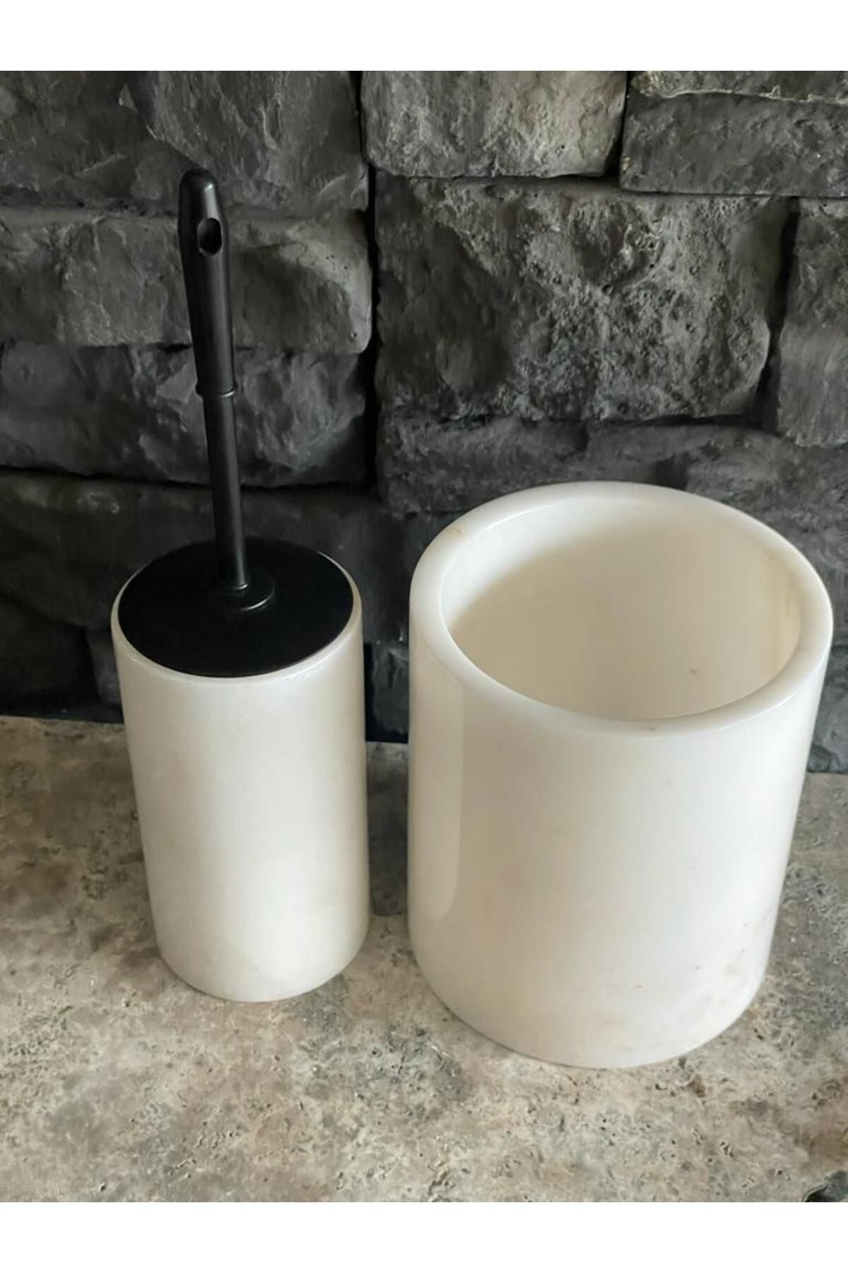 Polen Stone-White Marble Trash Can, Marble Handle and Brush Holder Set of 2 3