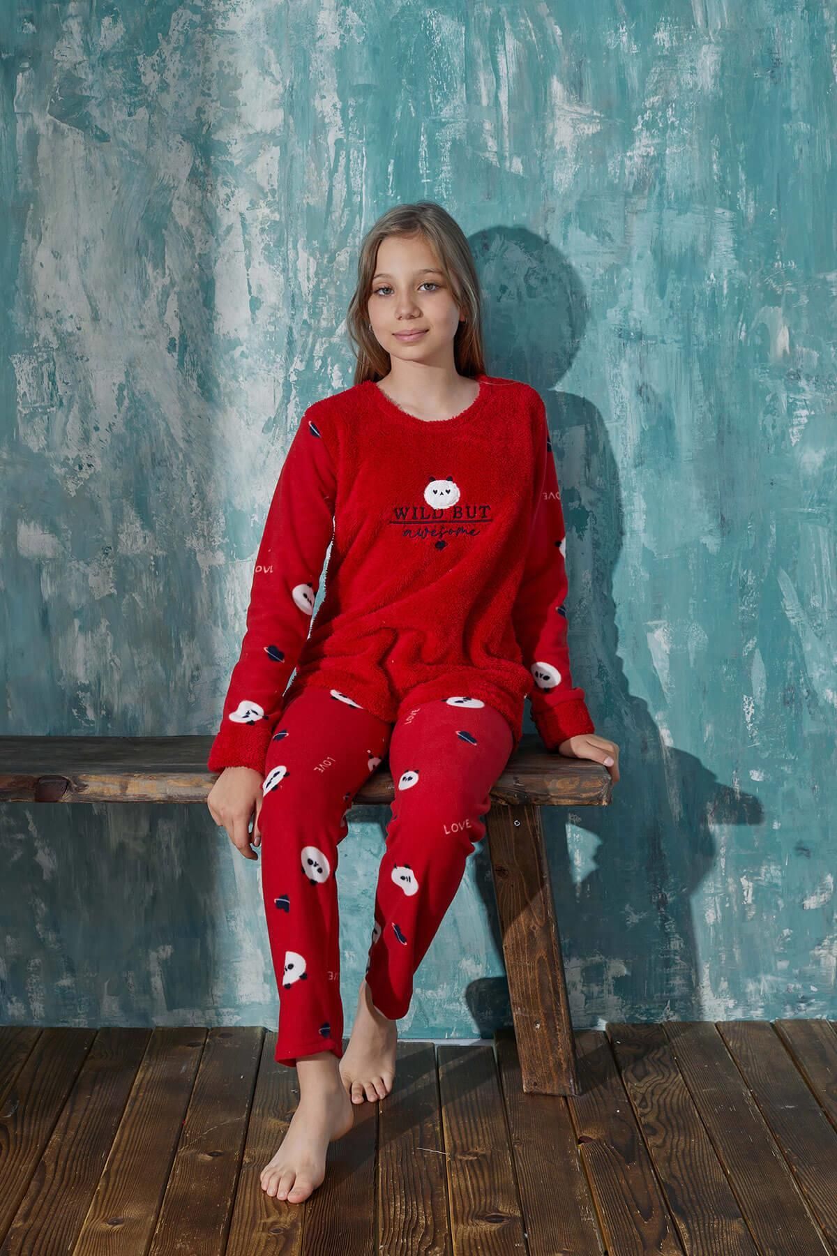 Pijamaevi-Red Wild Butt Patterned Girl's Plush Pajama Set 3