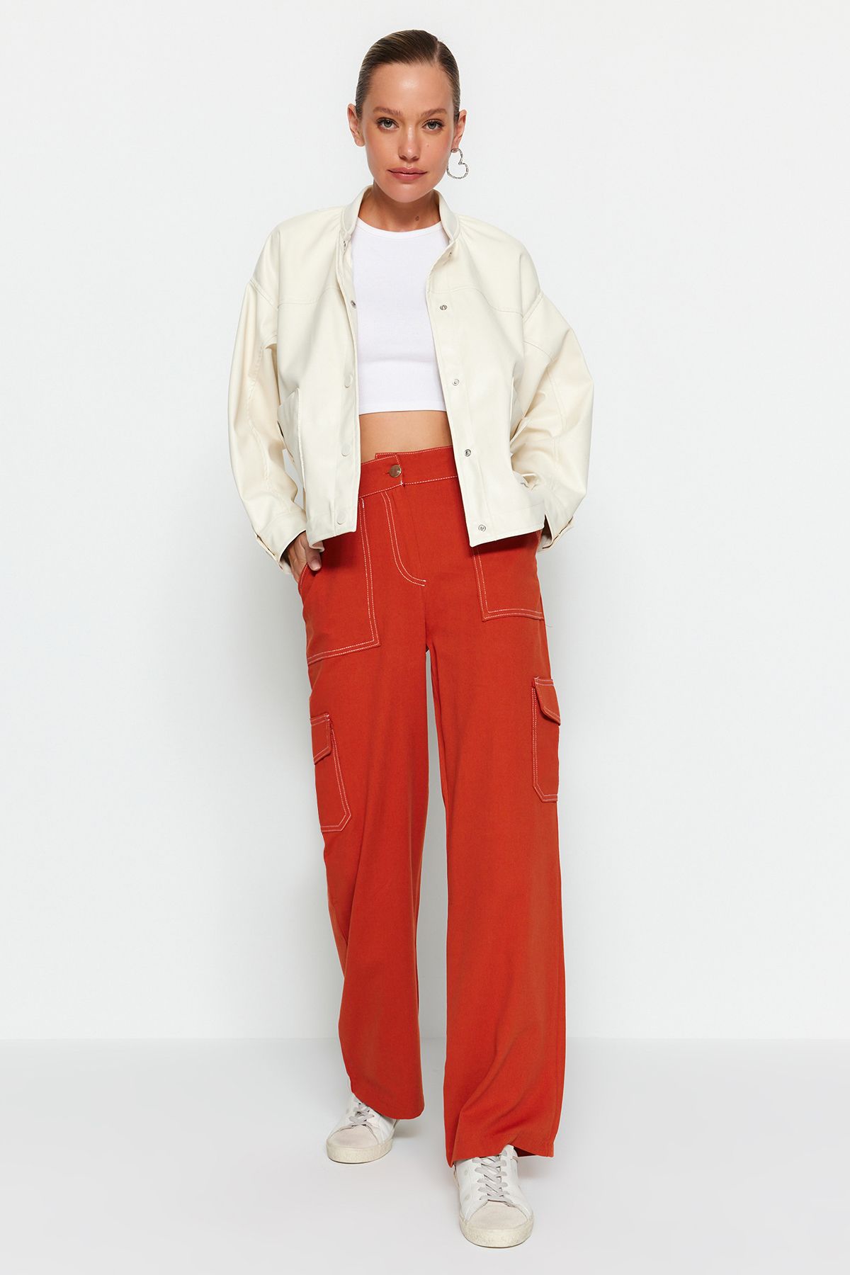 Grenj Fashion Beige Wide Leg Leather Trousers with Pocket Detail - Trendyol