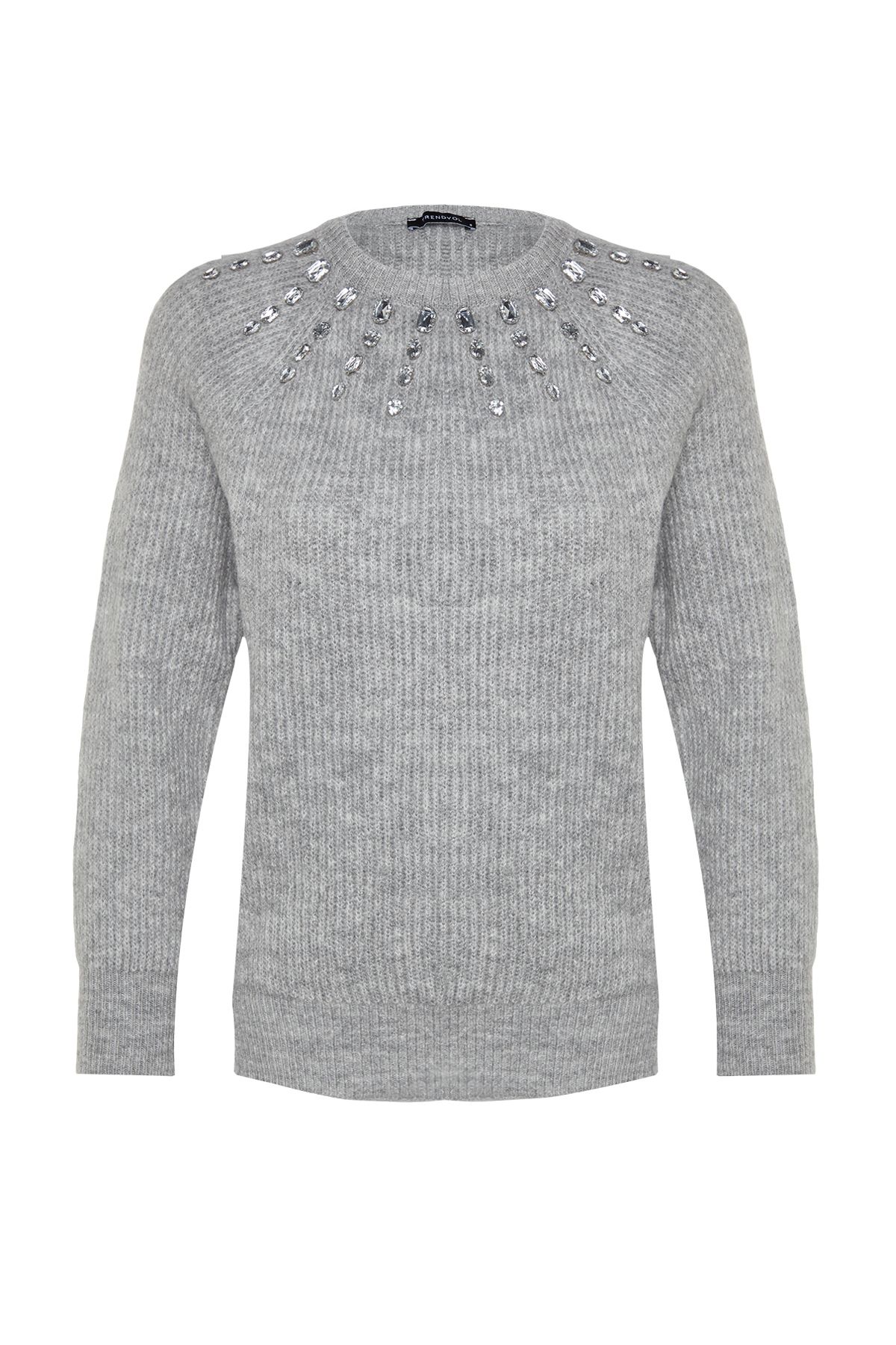 Trendyol Collection-Grauer, weicher, strukturierter Strickpullover mit Steindetails TWOAW24KZ00685 7