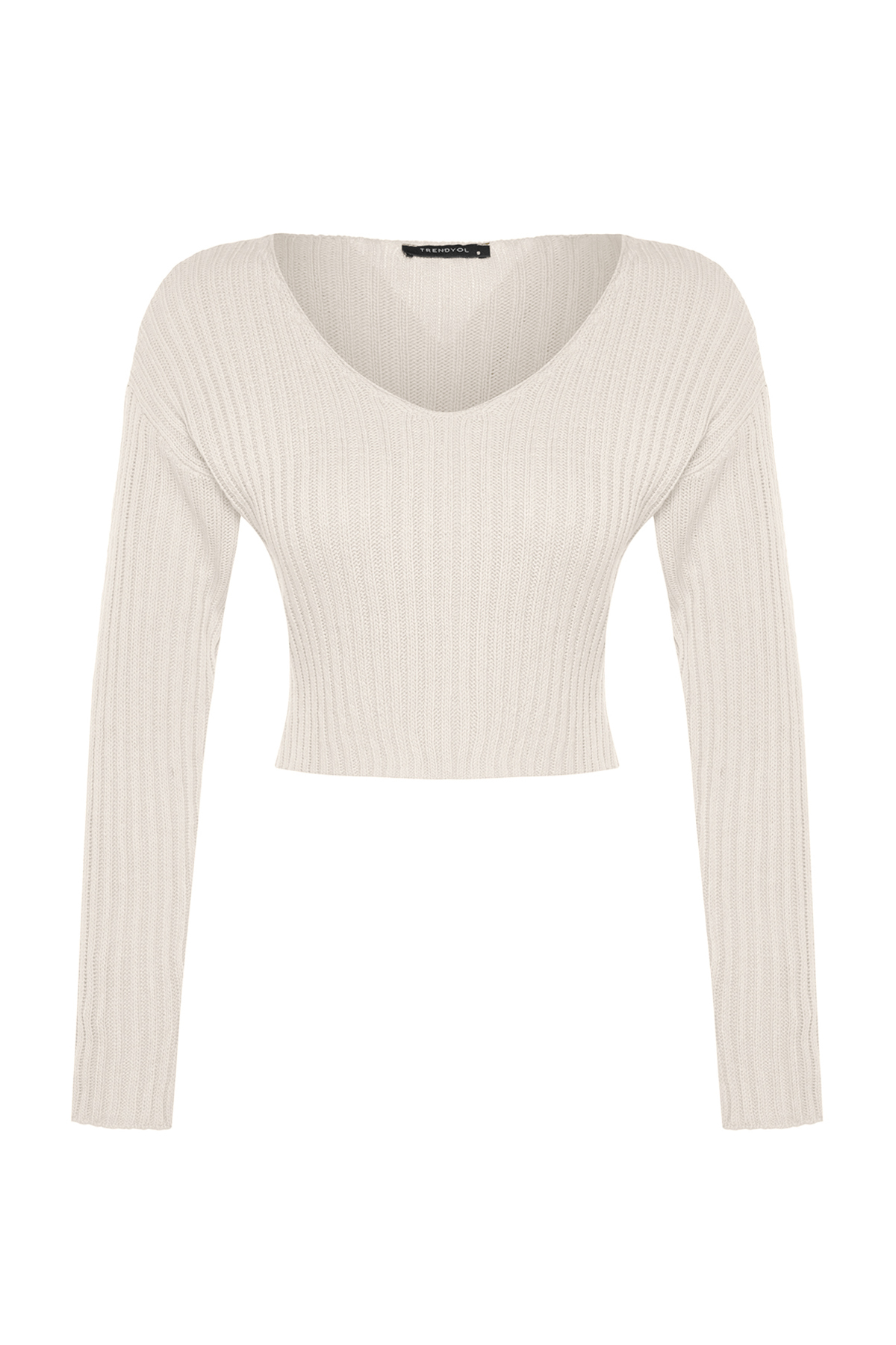 Trendyolmilla  Ekru Crop Basic V Yaka Triko Kazak TWOAW24KZ01214 - Görsel 7