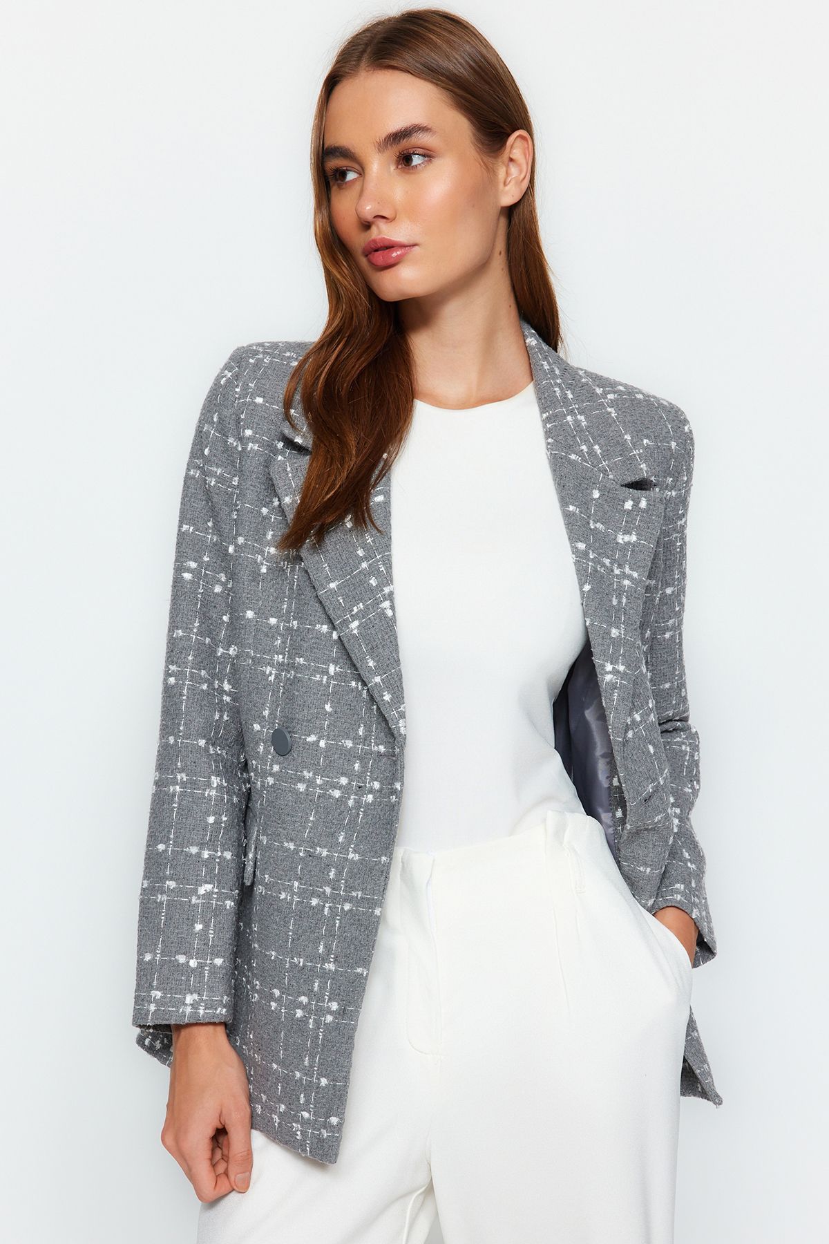 Trendyol Collection Szara Marynarka Oversize W Kratę Kobieta - 36