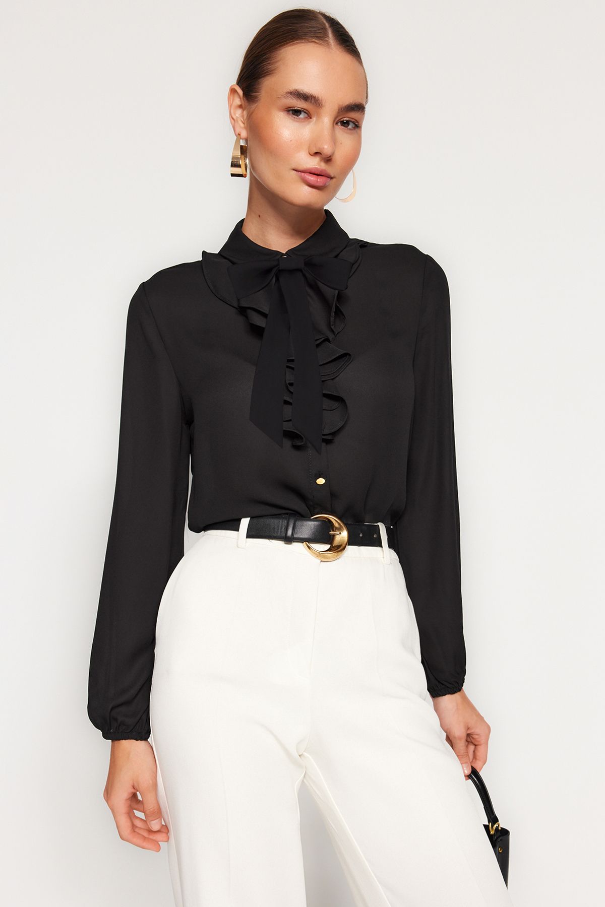 Trendyol Collection Fekete szőtt ing - kivehető masni, normál szabású TWOAW24GO00164