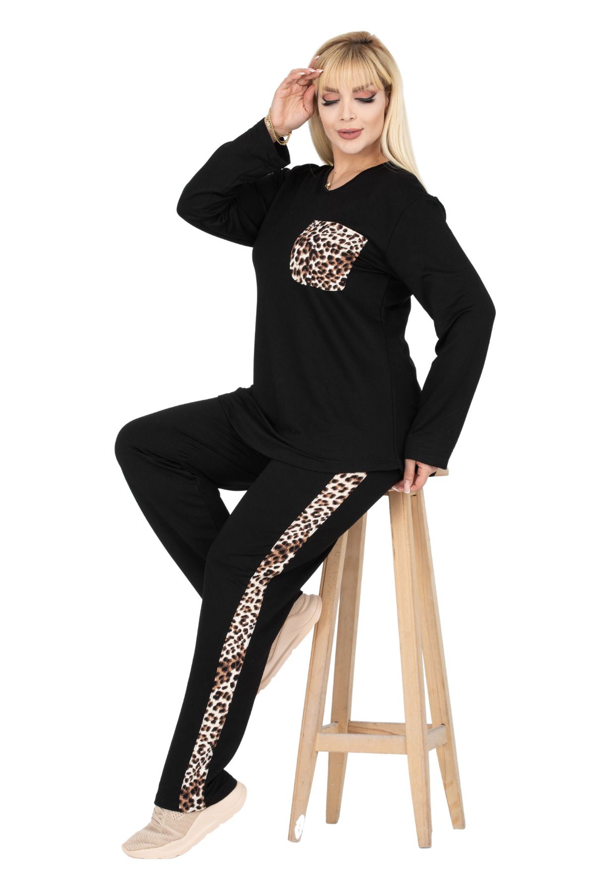HERAXL Women s Black Plus Size Leopard Pocket Tracksuit Set Trendyol