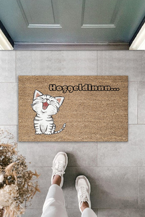 Pazarova Sevimli Kedi Hoşgeldin Yazılı Dekoratif Kapı Önü Paspası 70x45 Cm