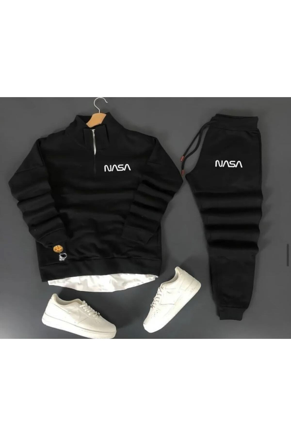 Genel Markalar Unisex Nasa Baskılı Yarım Fermuarlı Sweatshirt-eşofman Altı 2’li Set — مشکی BSNASA