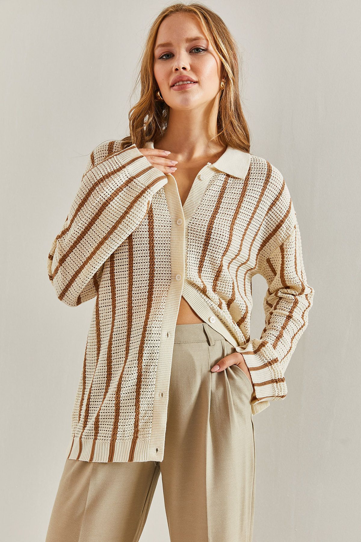 Bianco Lucci-Women's Shirt Collar Long Sleeve Striped Cardigan 6
