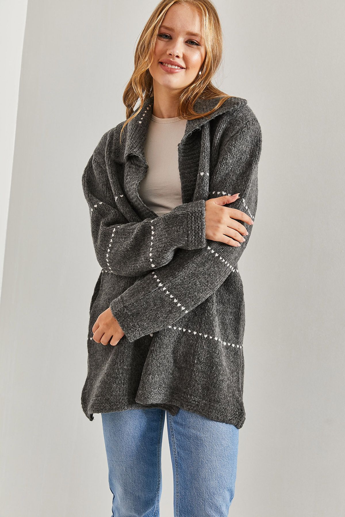 Bianco Lucci-Gestreifter dicker Strick-Cardigan für Damen 6