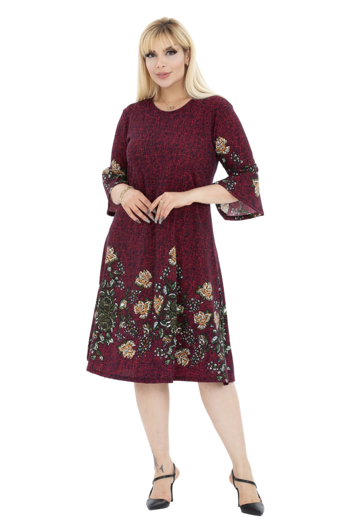HERAXL Women s Crepe Burgundy Floral Pattern Flounce Sleeve Plus