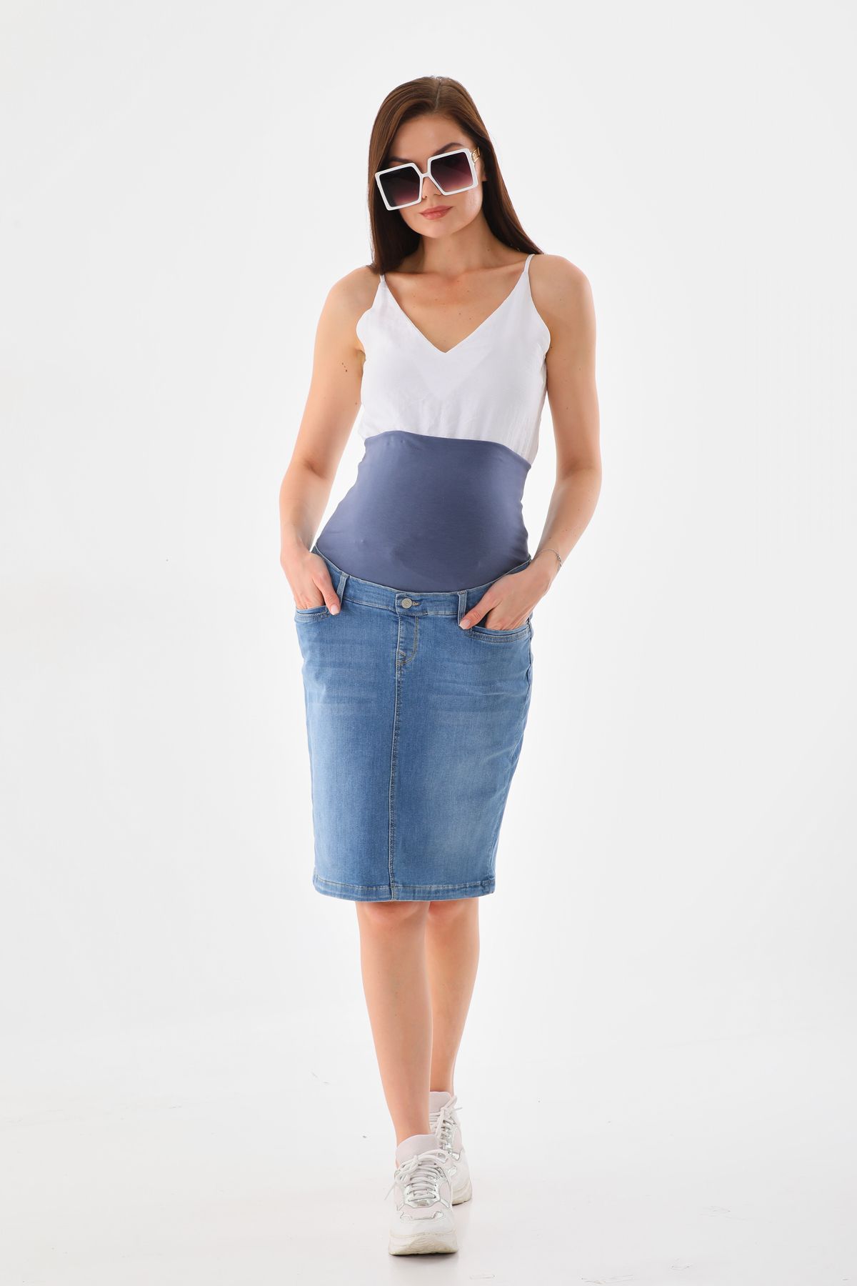 MEGHAN L.A Maternity Flexible Tummy Band Denim Skirt