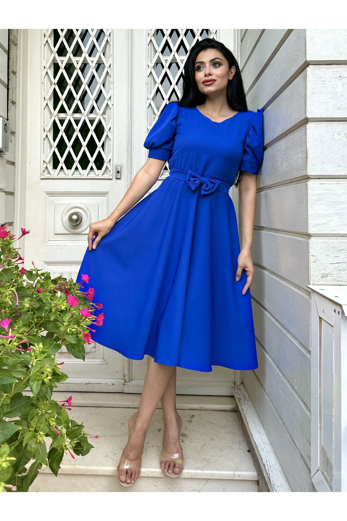 KÜÇÜĞÜM BUTİK Saks Синее расклешенное креповое платье с рукавами арбуза KCGM11504