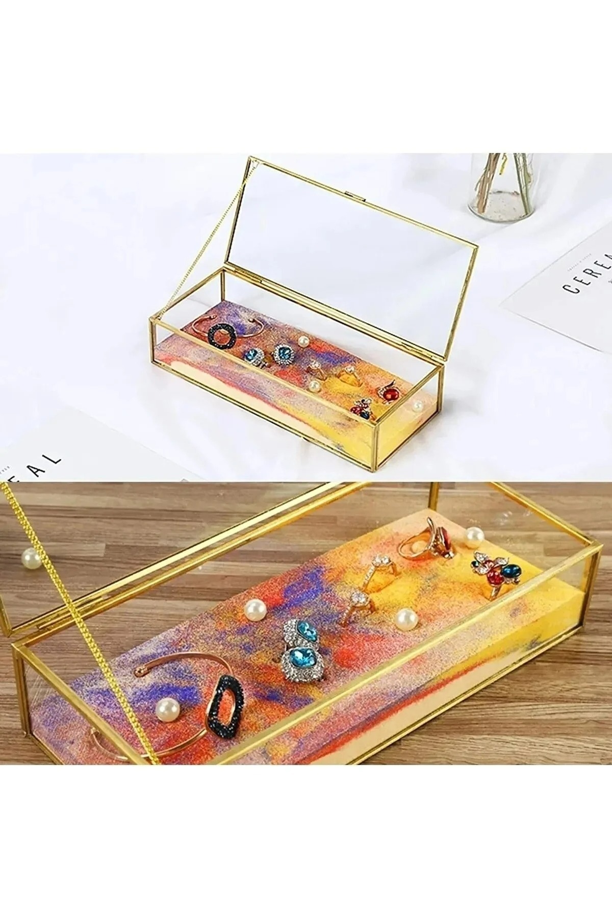 Cam Sunumluk Kapaklı Sandık Çikolata Şeker Ve Takı Kutusu 25x14 Cm - Metal Çerçeveli 5