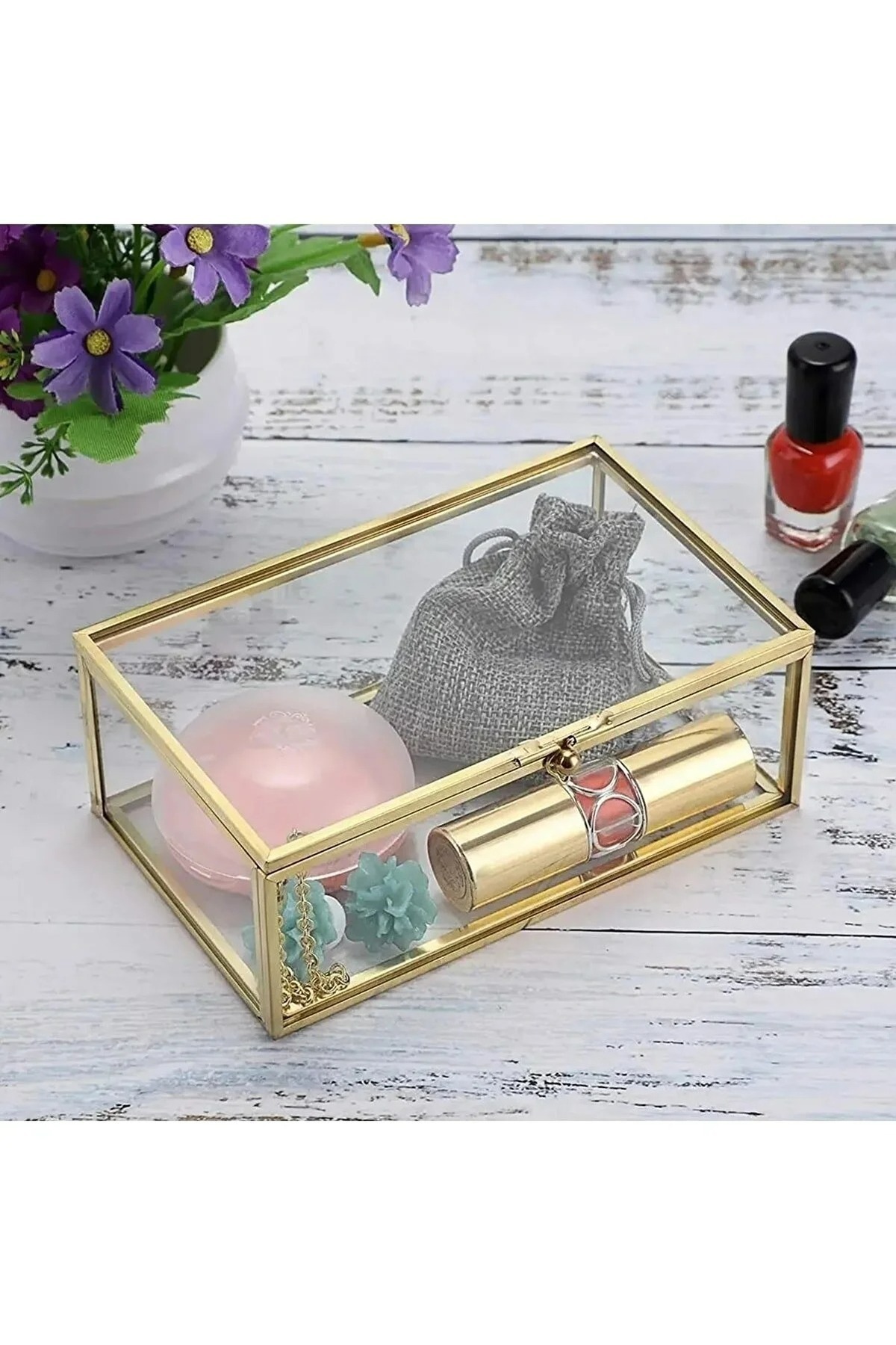 Cam Sunumluk Kapaklı Sandık Çikolata Şeker Ve Takı Kutusu 25x14 Cm - Metal Çerçeveli 3