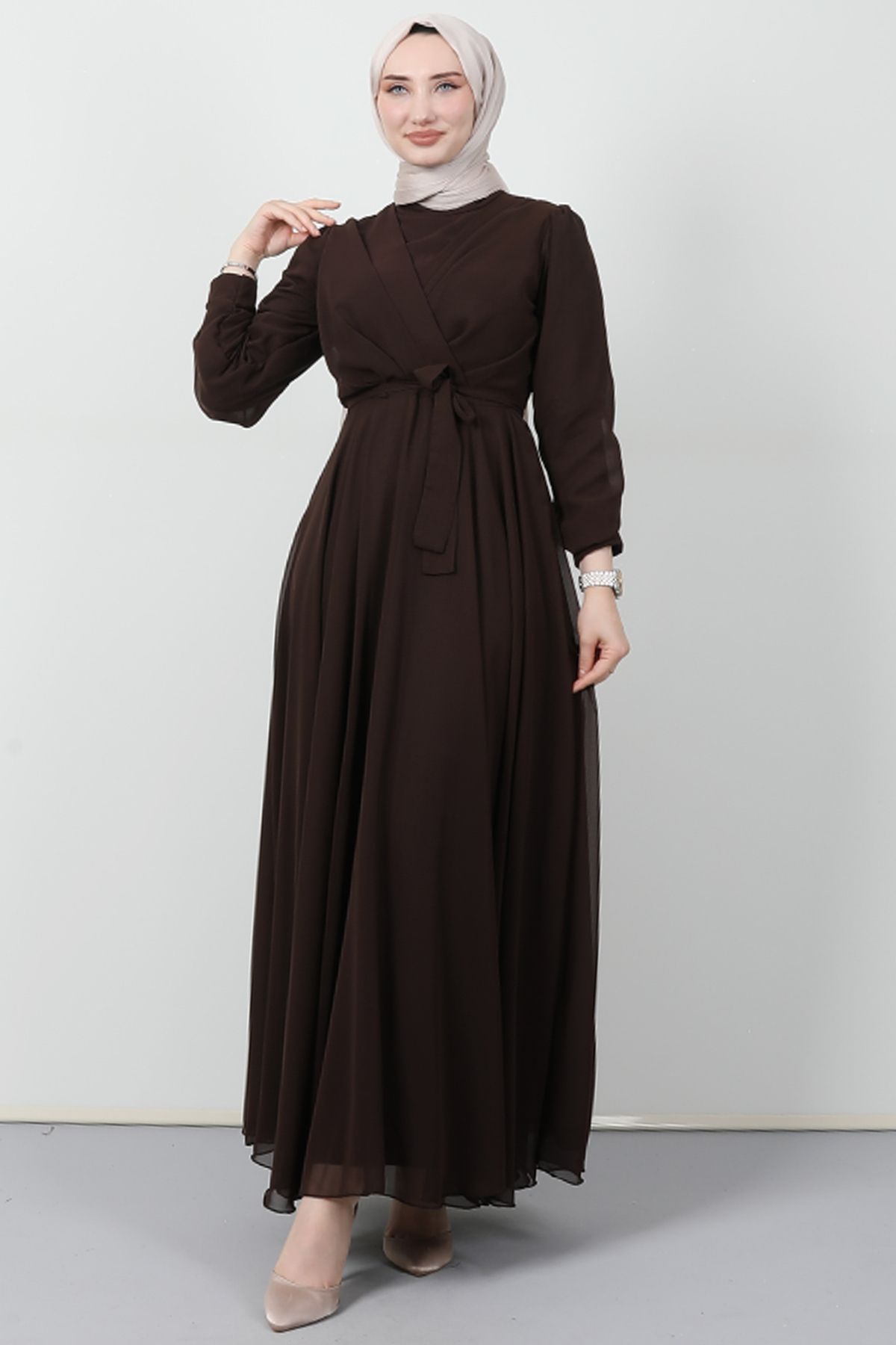 Giza Giyim-Rochie din șifon în față încrucișată Bitter Brown 3