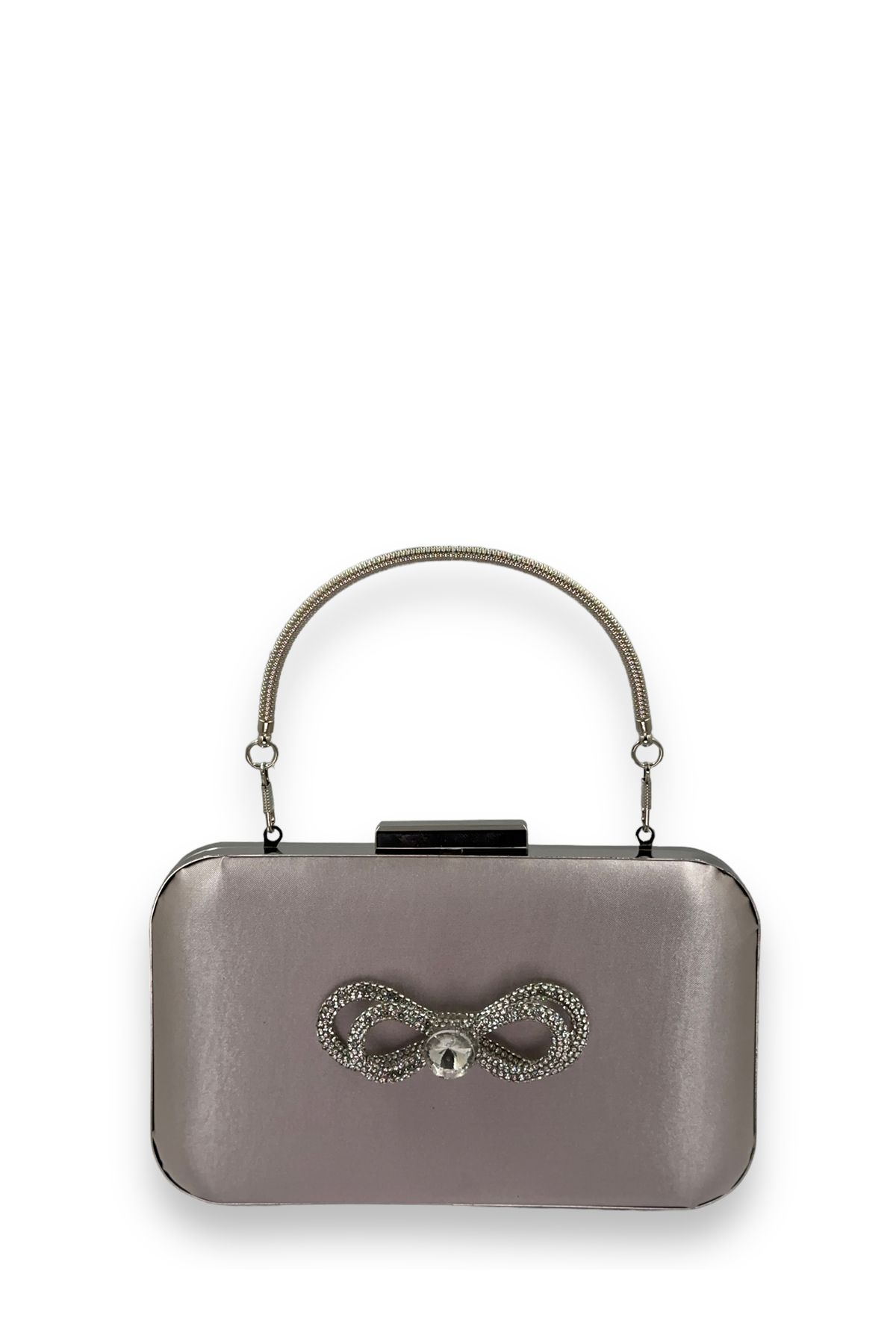 Bi anta Mink Color Satin Silver Case Handle Silver Stone Evening Evening Bag Wedding Engagement Clutch