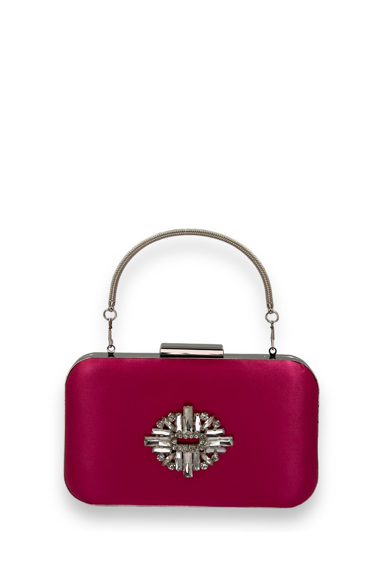 Biçanta Culoare Fuchsia Satin Argintiu Carcasă Argintiu Piatră Mâner Mâner Rochie De Seară Geanta De Seară Portofoliu De Nuntă Femeie - One Size