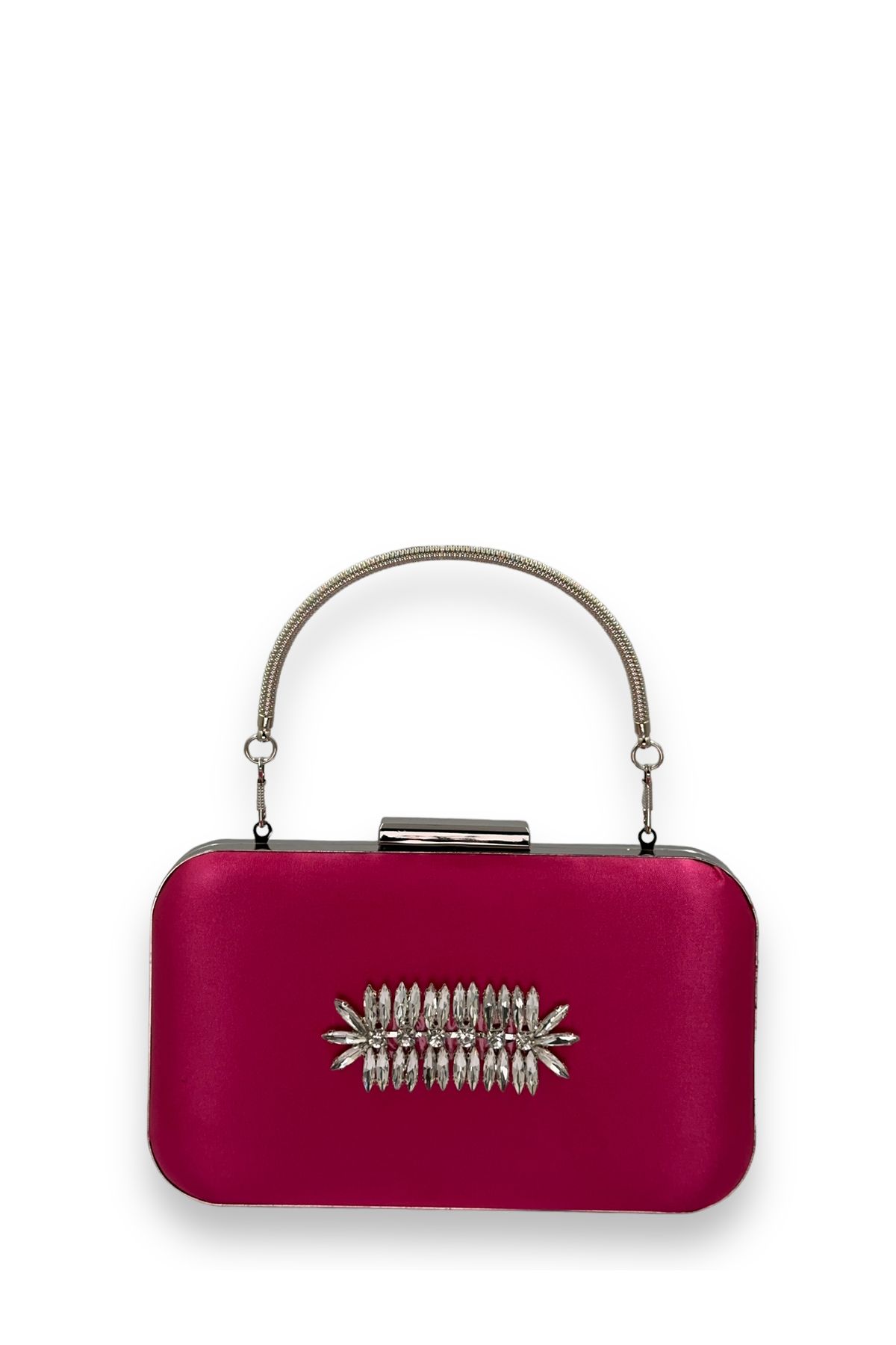 Biçanta Culoare Fuchsia Satin Argintiu Carcasă Argintiu Piatră Mâner Mâner Rochie De Seară Geanta De Seară Portofoliu De Nuntă Femeie - One Size