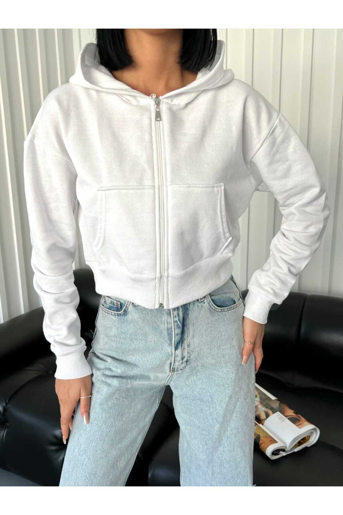 Crop Fermuarlı Sweatshirt Hırka Model — سفید CROP HIRKA — تصویر 1 از 6