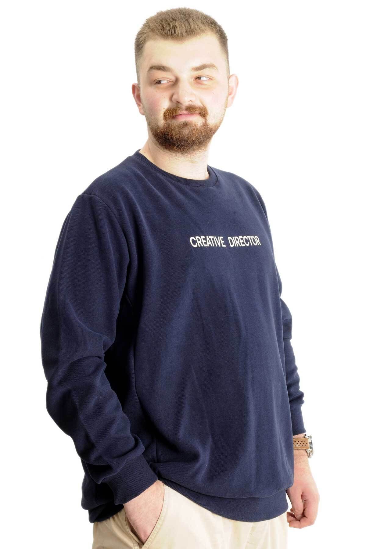 Buyuk Beden Erkek Sweat Kuplu Creative Director 23167 Lacivert