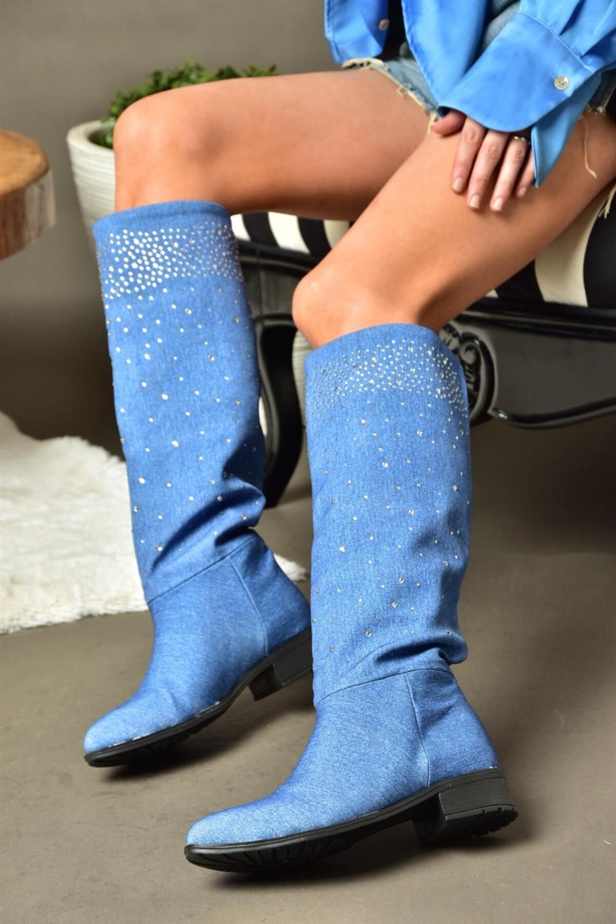 Fox Shoes R726627510 Blue Denim Stone Detailed Women s Boots