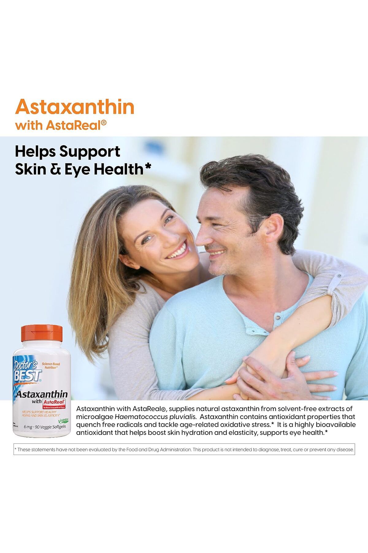 Doctor's Best-AstaReal 6 mg Astaxanthin - Scroll Cut Haematococcus pluvialis microalgae, Skin Elasticity and Swinging Ağing 2